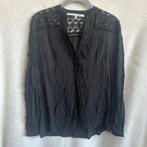 Collective Concepts Black 100% Rayon Embroidered Mesh Peasant Blouse Top Small
